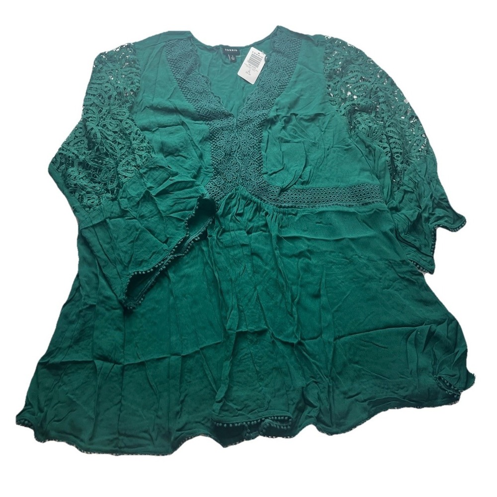 Torrid Babydoll Crinkle Gauze Lace Detail Top Green Size 3X